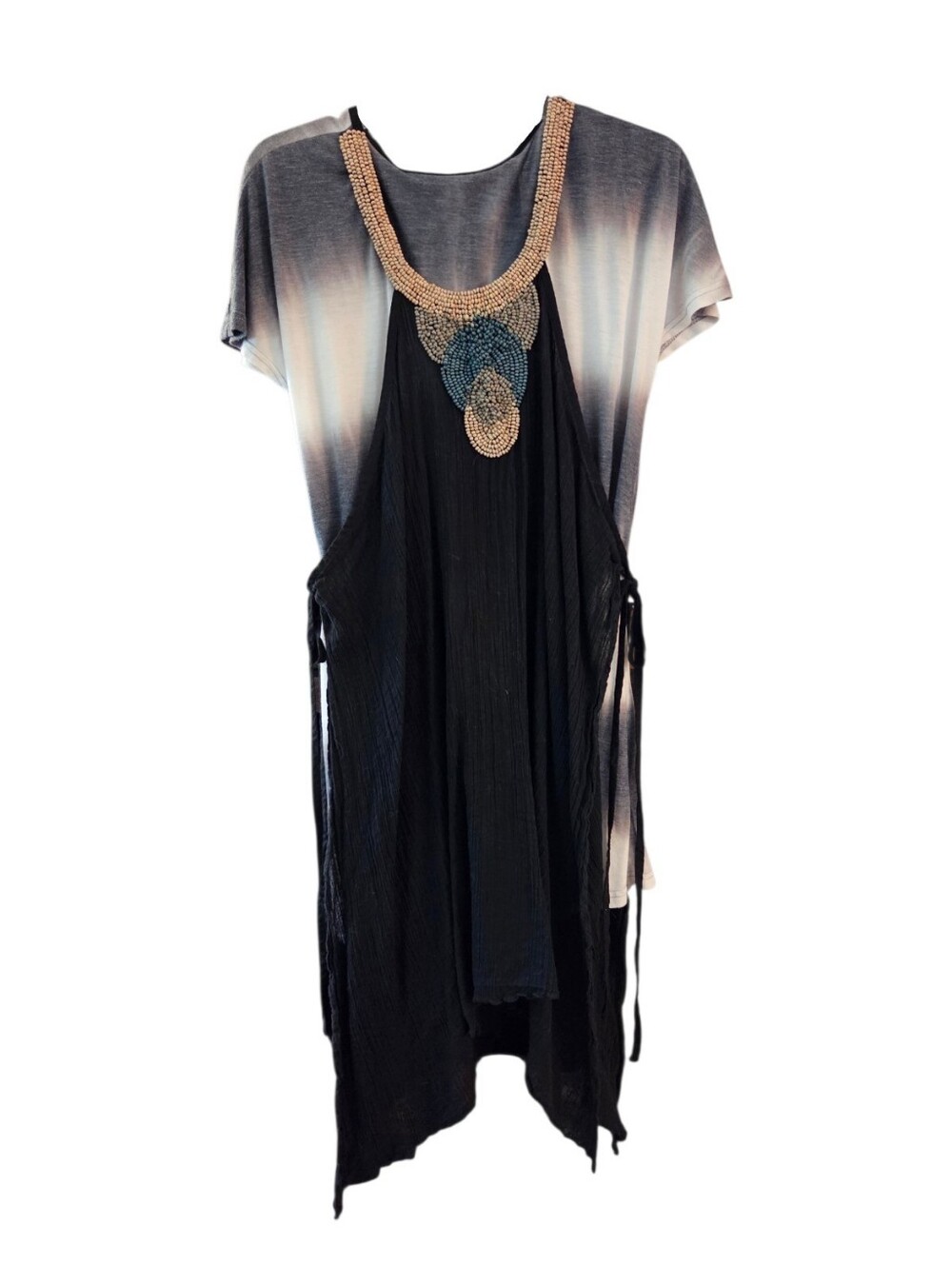 Boho Beaded Layered Tunic Dress Black Gray Tie Dye - Plus Size XL/XXL